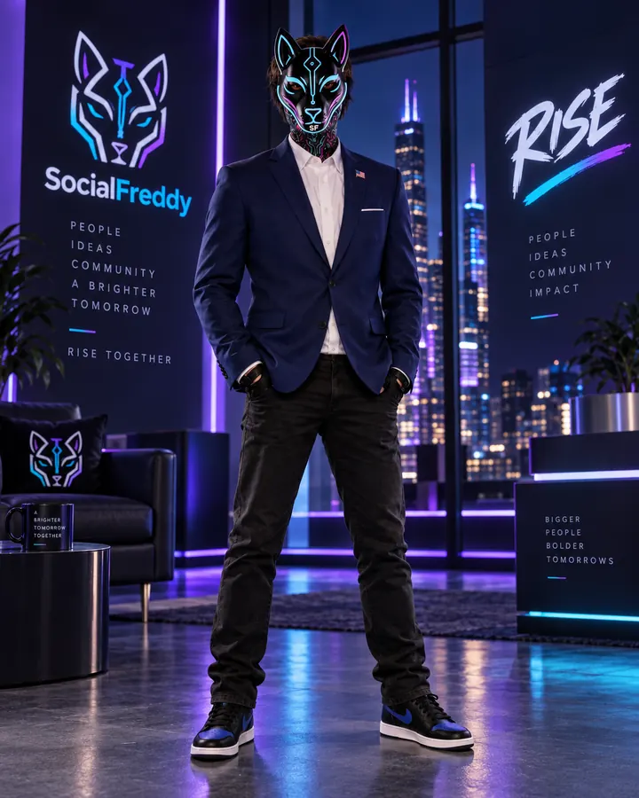 SocialFreddy wearing the signature mask and navy blazer