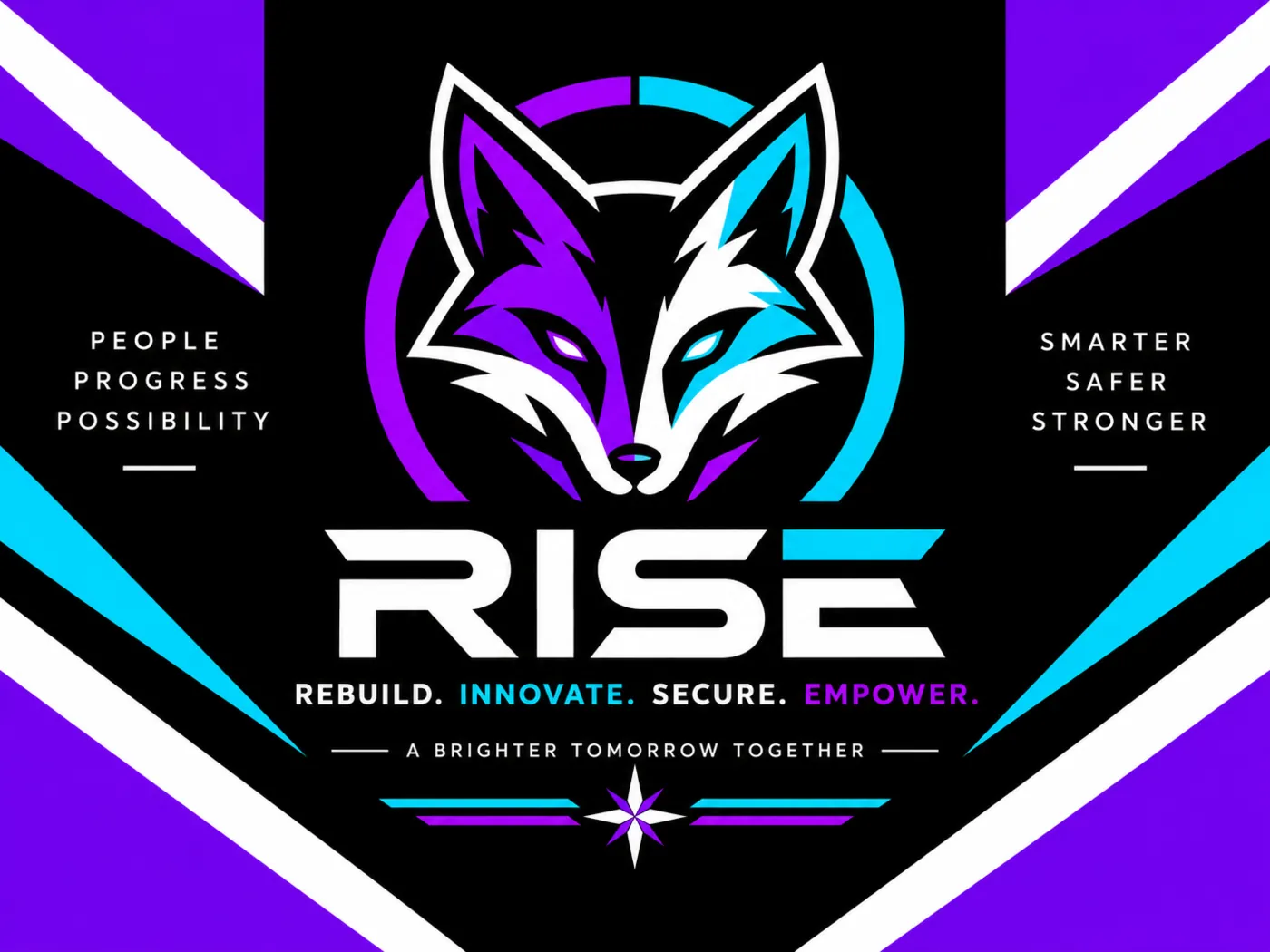 RISE movement flag with fox emblem, diagonal cyan and purple stripes, and the RISE wordmark